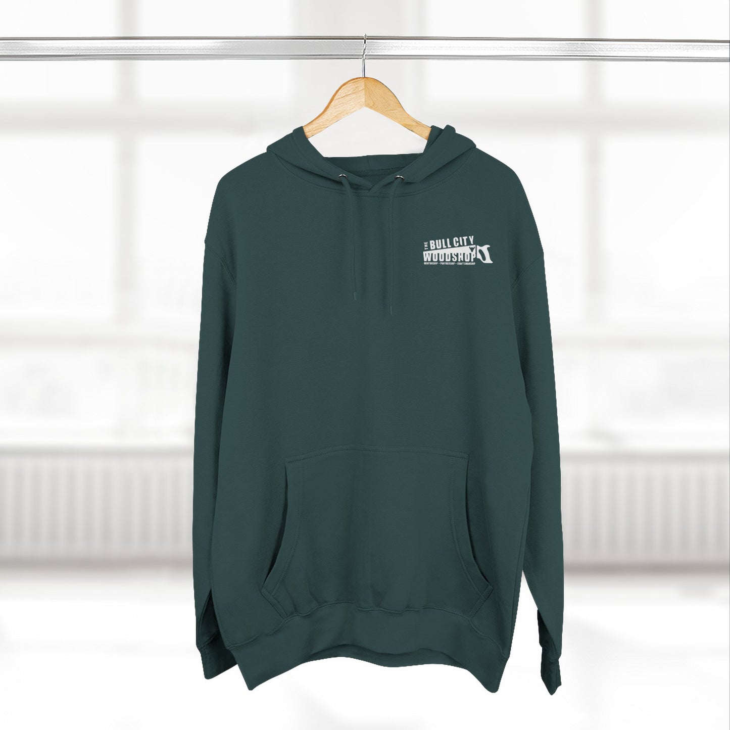 Fleece Hoodie Bull City Woodshop Evergreen Logo, Cold Weather Woodshop Essential